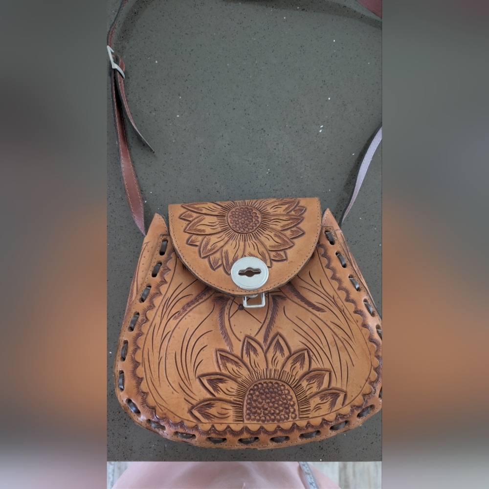 Sunflower Embossed Tan Leather Crossbody Bag Unique Personalized Leather Bag - Picture 2 of 14